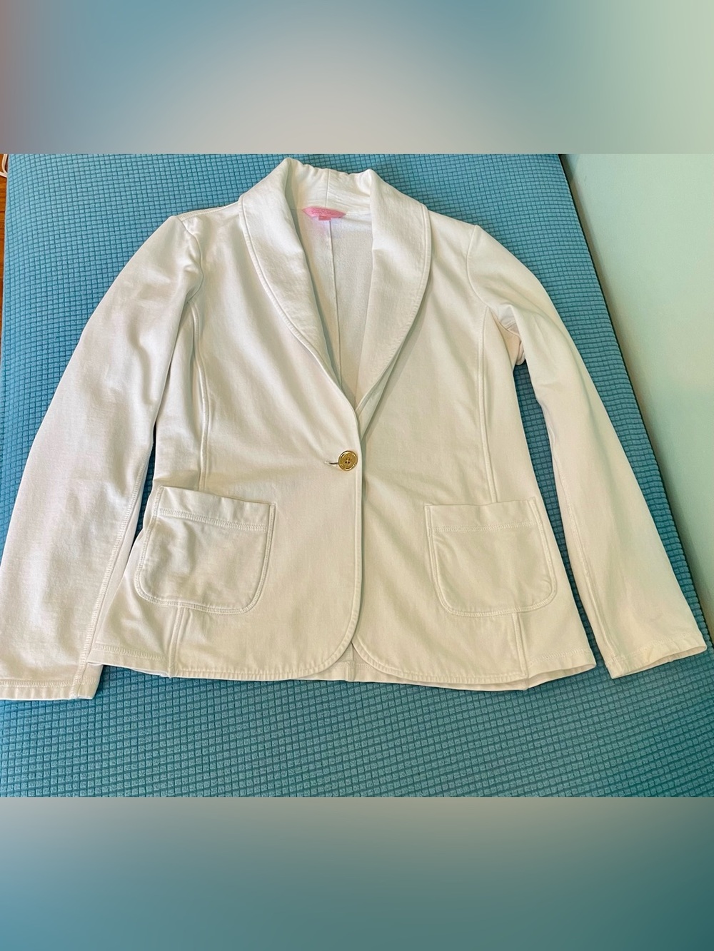 Lilly Pulitzer White Knit Blazer – Women’s Medium | Cotton Stretch | Logo button